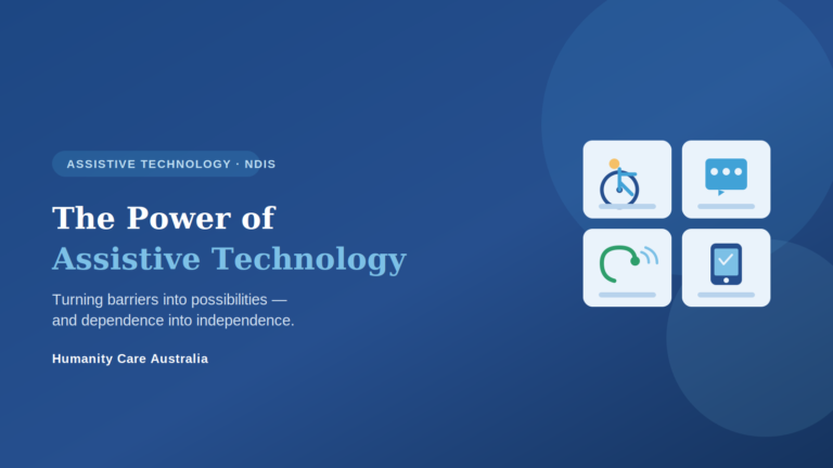The power of assistive technology - tiles showing a wheelchair, communication device, hearing aid and reminder app