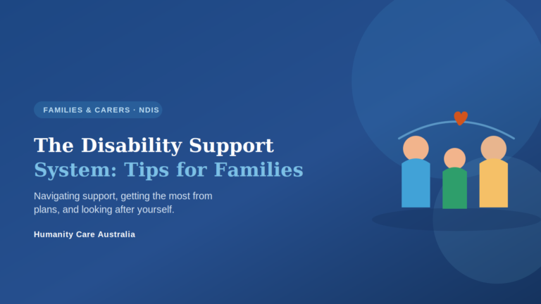 Tips for families and caregivers - a family group sheltered under a caring arc with a heart