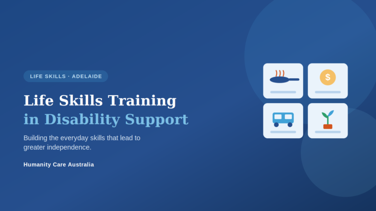 Life skills training in disability support - tiles showing cooking, budgeting, travel and personal growth skills