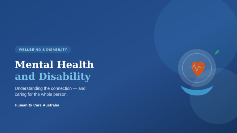 Mental health and disability - a head with a heart held by caring hands, representing whole-person wellbeing
