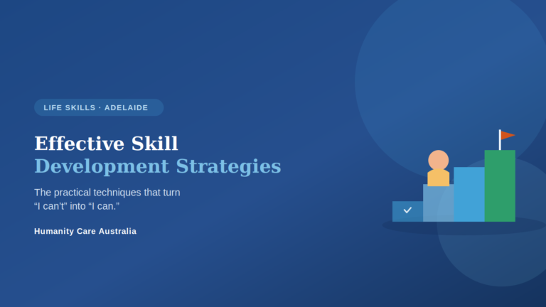 Effective skill development strategies - a figure climbing a staircase of steps toward a goal flag