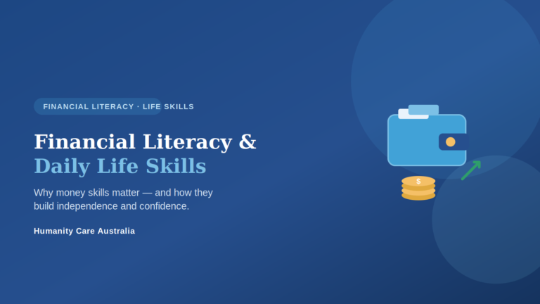 Financial literacy and daily life skills - a wallet, coins and growth arrow representing money management skills