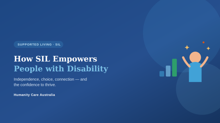 How SIL empowers people with disability - an empowered person with arms raised beside upward growth bars