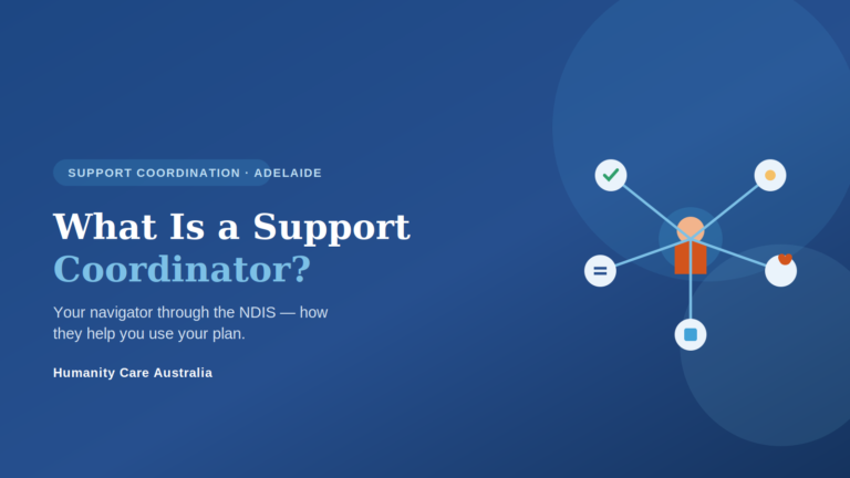 What is a support coordinator - an NDIS support coordinator connecting a participant with services, shown as a hub linking to supports