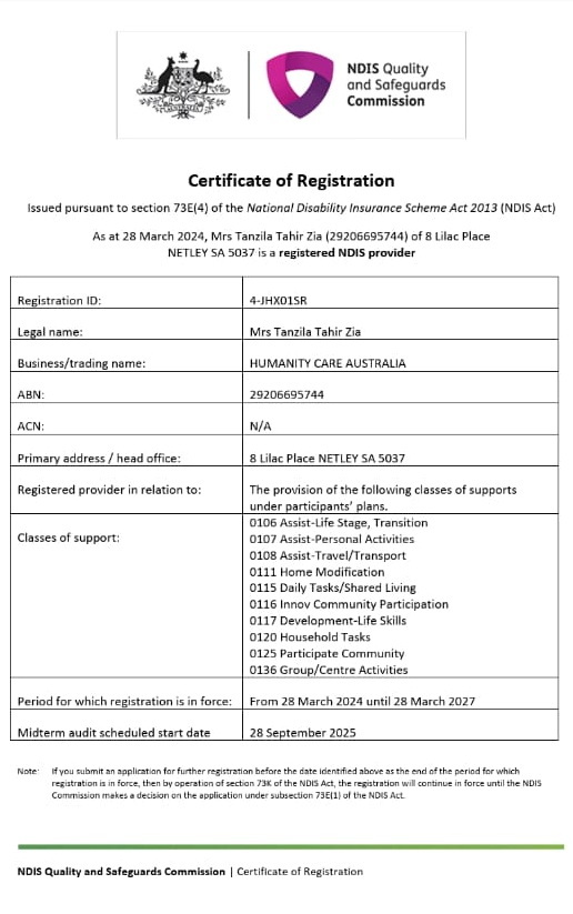 NDIS registration certificate Humanity Care