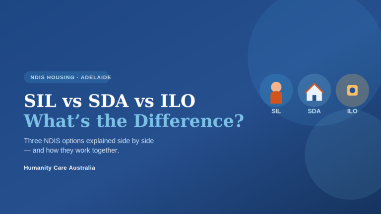 SIL vs SDA vs ILO - three NDIS home and living options compared side by side for Adelaide participants