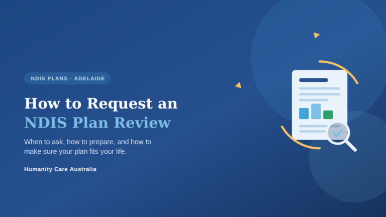 How to request an NDIS plan review - an NDIS plan document with review arrows and a magnifier