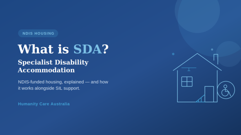 Thin-line illustration of an accessible SDA home with a wheelchair ramp and an accessibility symbol